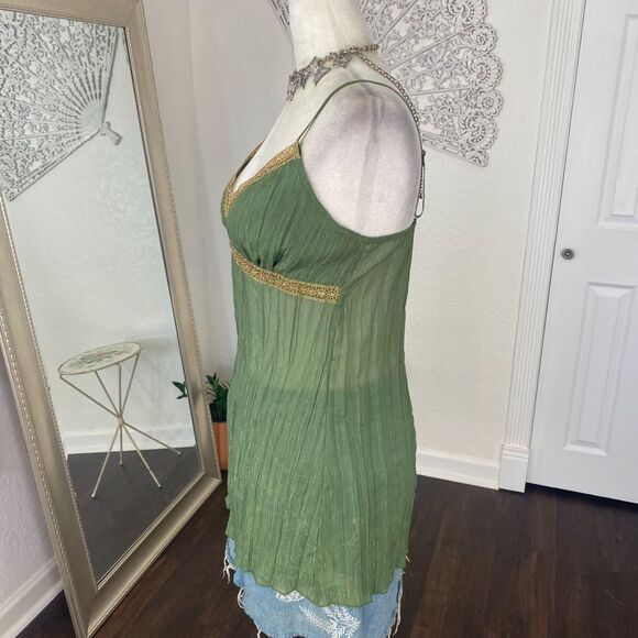 Meghan Noland Early 2000s Shimmery Green Gold Thread Sheer Fairy Camisole Top M - Picture 6 of 7